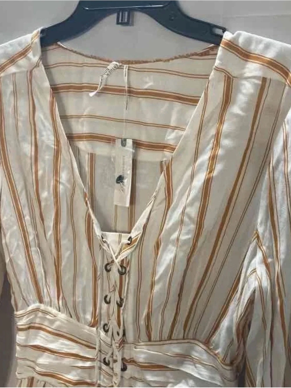 Anthropologie Cream and Tan Striped Lace-Up Peplum Blouse feather and bone boho
